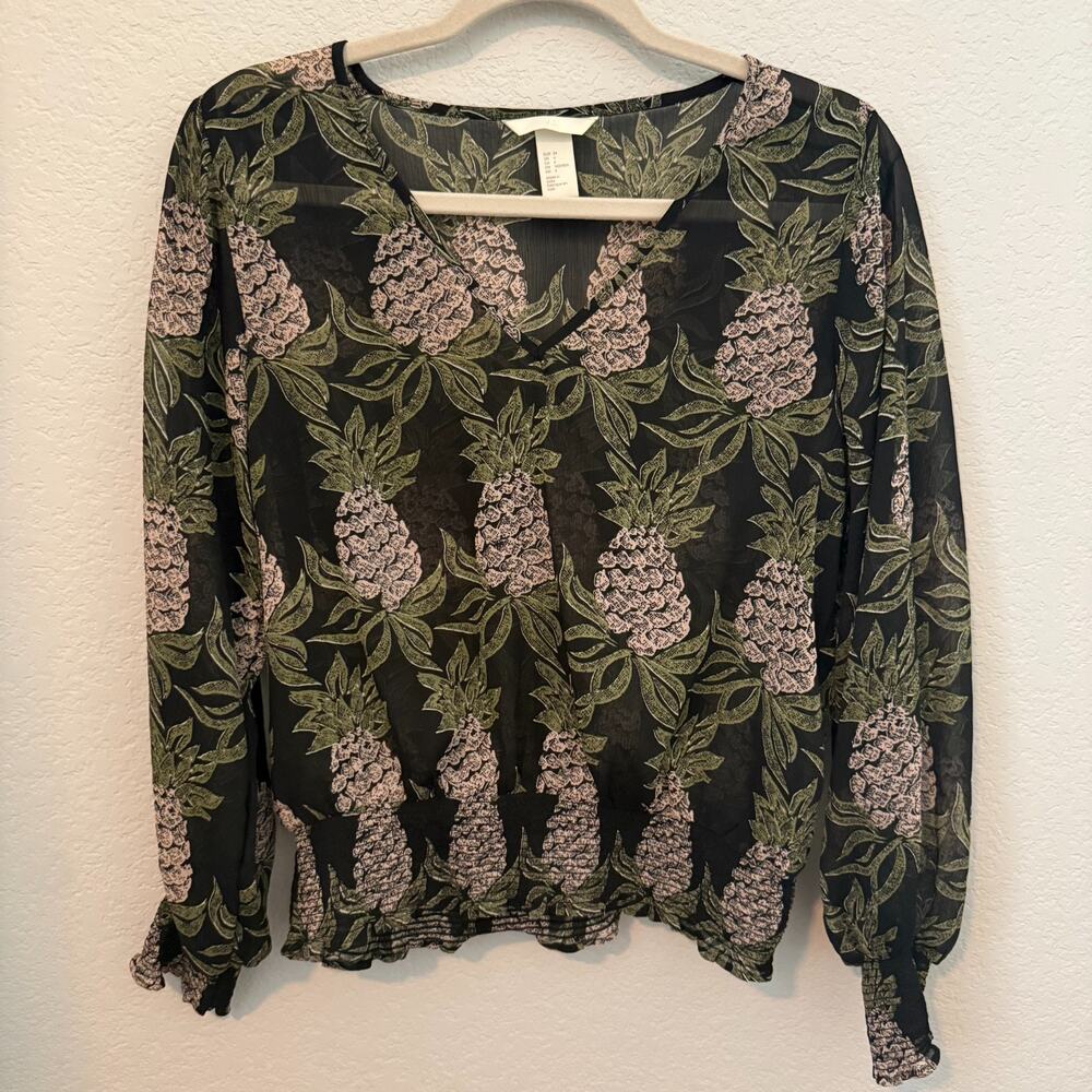H&M Women’s Sheer Pineapple Print Blouse Black Green Pink Size 4 Long Sleeve